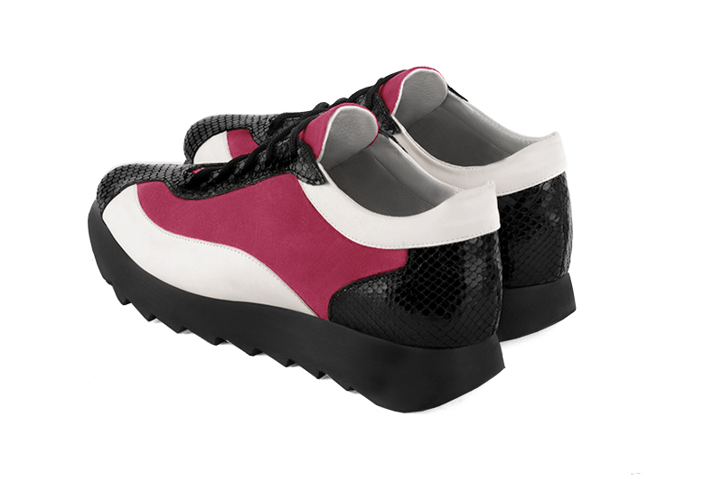 Satin black, fuschia pink and off white women's elegant sneakers. Round toe. Low rubber soles. Rear view - Florence KOOIJMAN